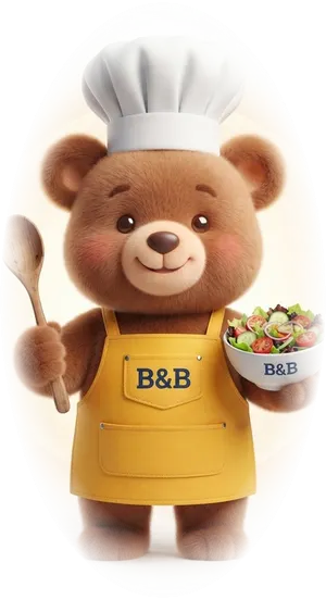 Bite and Balance chef bear holding a salad